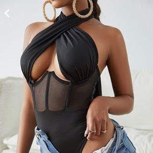 Black mesh corset halter top bodysuit